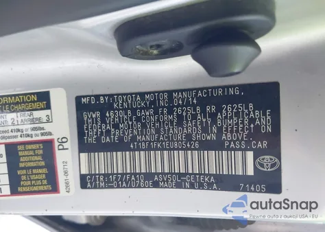 2014 Toyota Camry L z USA, uszkodzony, nr VIN 4T1BF1FK1EU805426